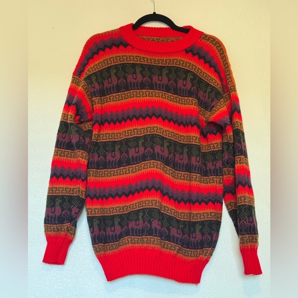 Vintage 90s Red Purple Striped Zig-Zag Geometric Alpaca Knitted sweater size L